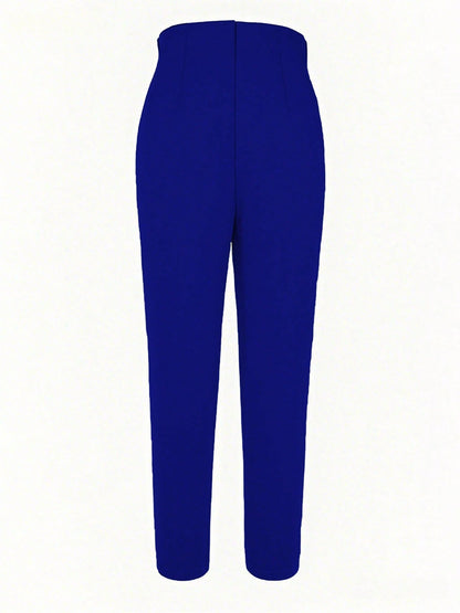 Women's Autumn Waist-Cinched Slim-Fit Cropped Commuter Pants, Knit Fabric, With Zipper And Pockets, Medium Stretch, Perfect For Autumn/Winter Back To School, Blue