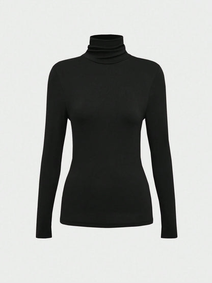 Women's Basic Minimalist Vintage Coin Pattern Elegant Casual Turtleneck Long Sleeve Knit Pullover Top, Autumn Black Spring