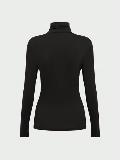 Women's Basic Minimalist Vintage Coin Pattern Elegant Casual Turtleneck Long Sleeve Knit Pullover Top, Autumn Black Spring