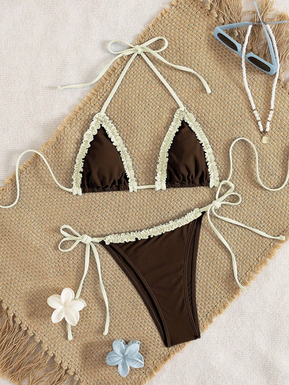 Women's Bikini Swimsuit, Cute Bohemian Style Plaid Print With Built-In Bra, Suitable For Vacation, Beach, Pool And Casual Wear, Ideal For Autumn/Winter Holidays, Valentine's Day, Christmas, New Year P