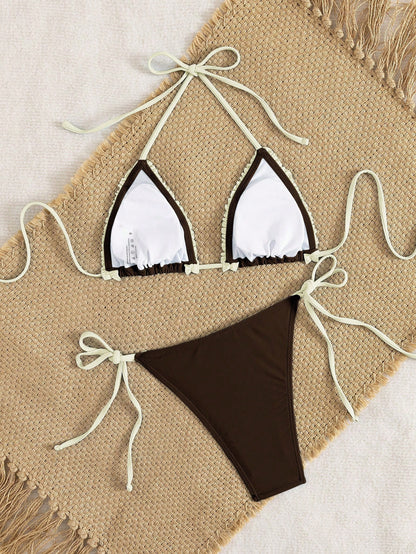 Women's Bikini Swimsuit, Cute Bohemian Style Plaid Print With Built-In Bra, Suitable For Vacation, Beach, Pool And Casual Wear, Ideal For Autumn/Winter Holidays, Valentine's Day, Christmas, New Year P