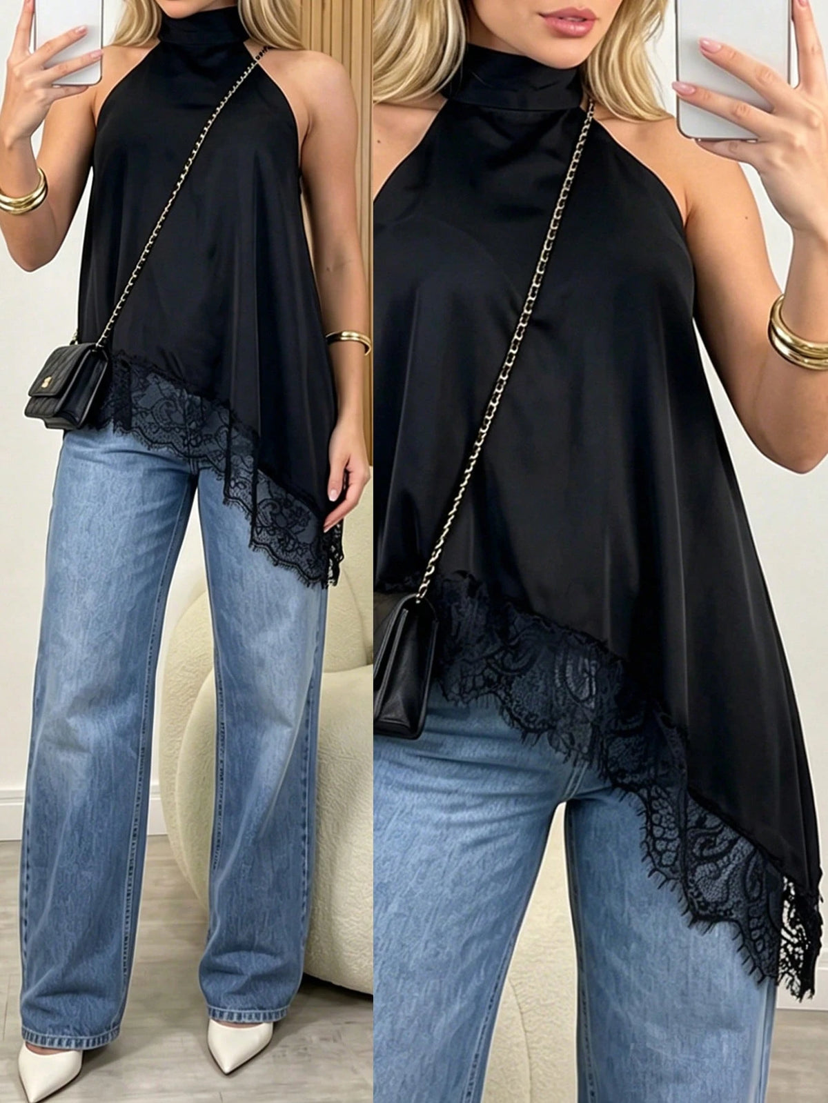 Women's Black Halter Neck Woven Fabric Tank Top With Contrast Lace Asymmetrical Hem, Fashion Autumn New Year Women's Clothing Casual