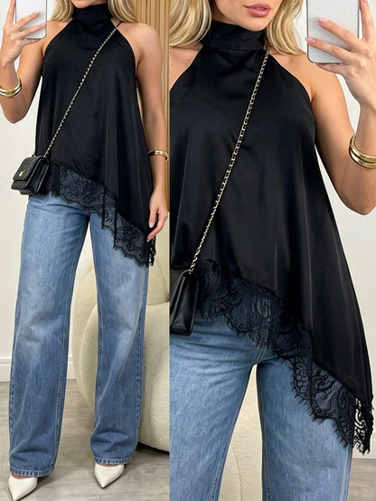 Women's Black Halter Neck Woven Fabric Tank Top With Contrast Lace Asymmetrical Hem, Fashion Autumn New Year Women's Clothing Casual