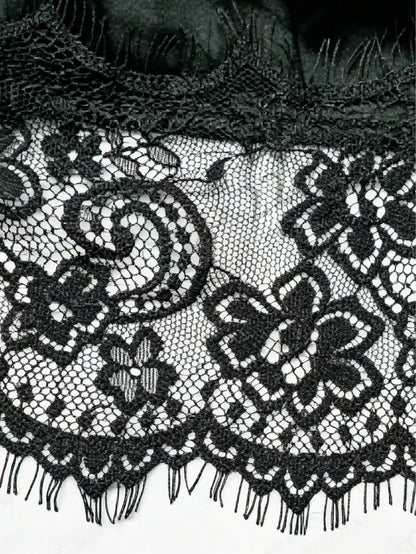 Women's Black Halter Neck Woven Fabric Tank Top With Contrast Lace Asymmetrical Hem, Fashion Autumn New Year Women's Clothing Casual