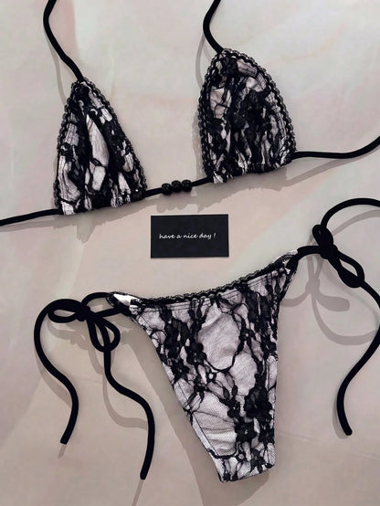 Women's Black Lace Strap Bikini With Beaded Embellishments, Sexy Casual Swimwear Suitable For Spring/Summer Beach Vacation Party