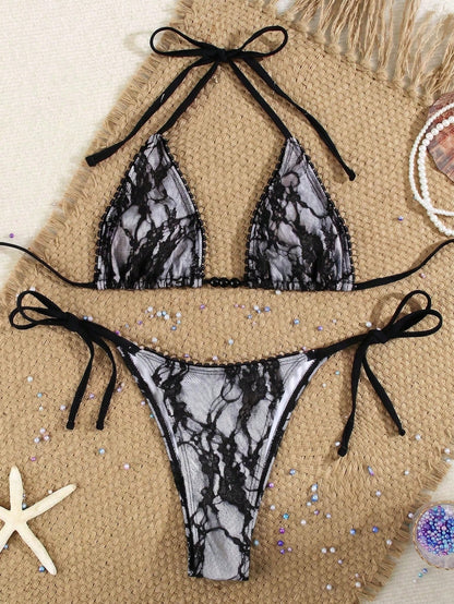 Women's Black Lace Strap Bikini With Beaded Embellishments, Sexy Casual Swimwear Suitable For Spring/Summer Beach Vacation Party