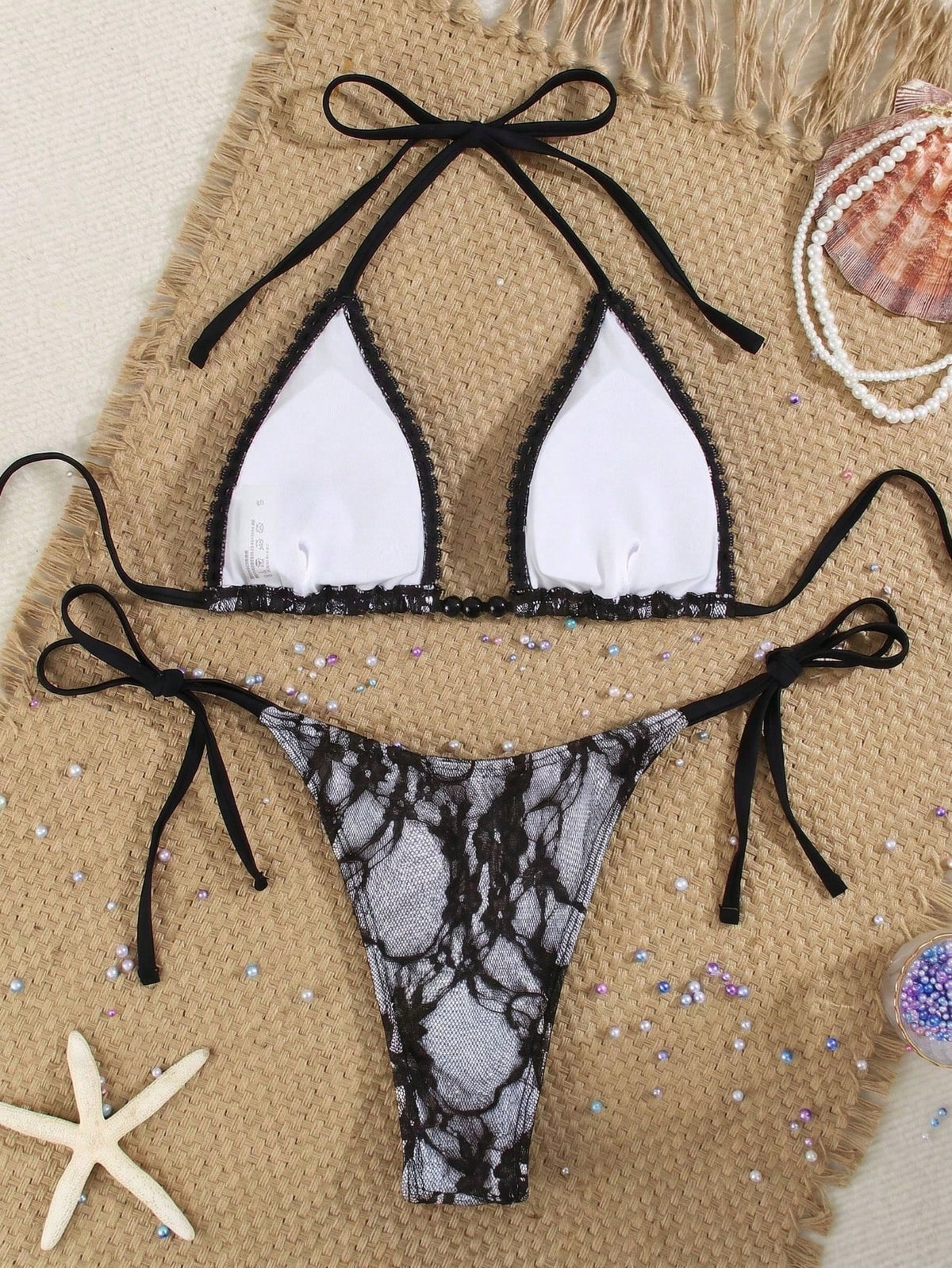 Women's Black Lace Strap Bikini With Beaded Embellishments, Sexy Casual Swimwear Suitable For Spring/Summer Beach Vacation Party