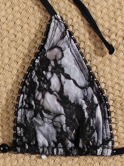 Women's Black Lace Strap Bikini With Beaded Embellishments, Sexy Casual Swimwear Suitable For Spring/Summer Beach Vacation Party
