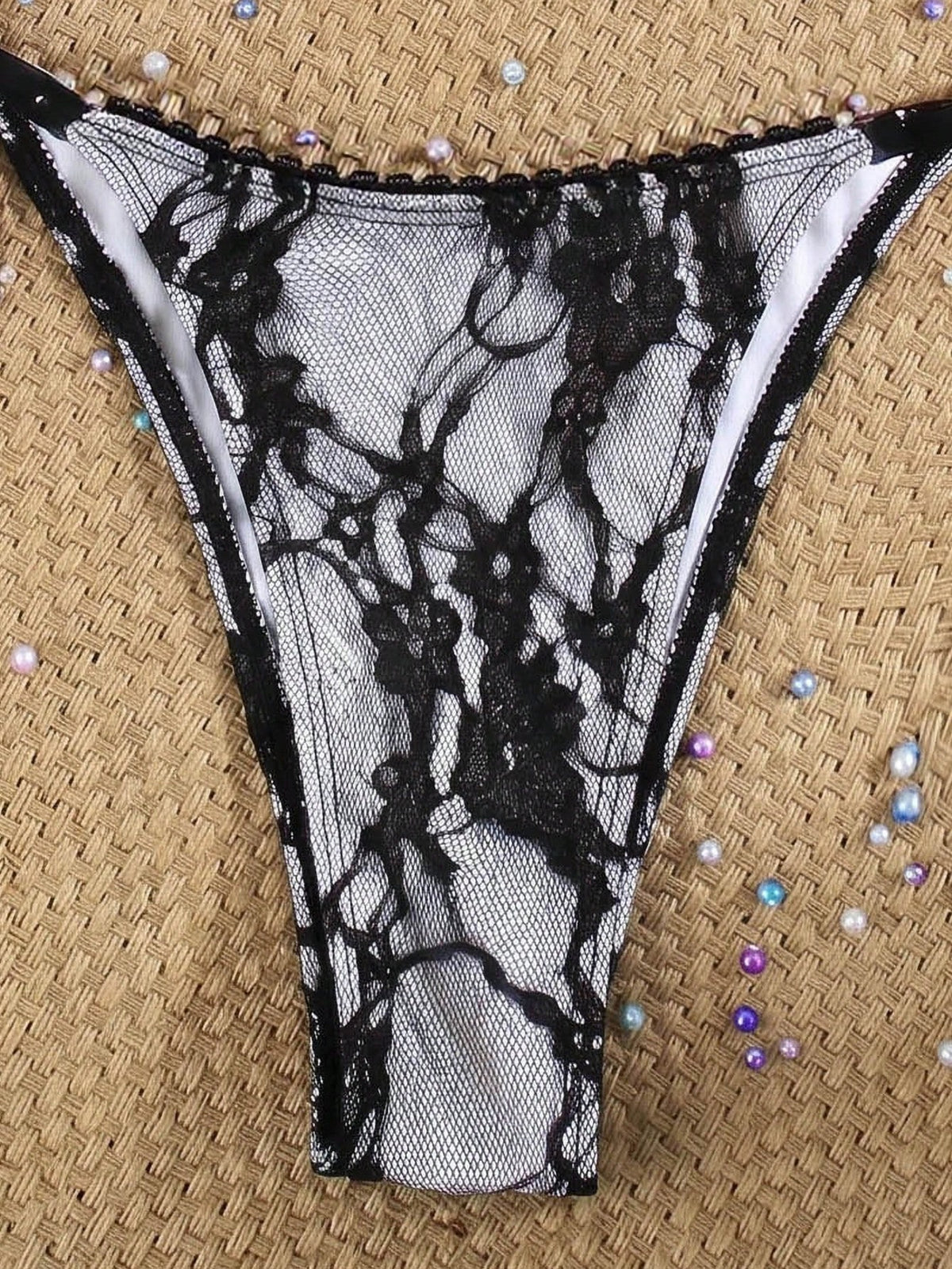Women's Black Lace Strap Bikini With Beaded Embellishments, Sexy Casual Swimwear Suitable For Spring/Summer Beach Vacation Party