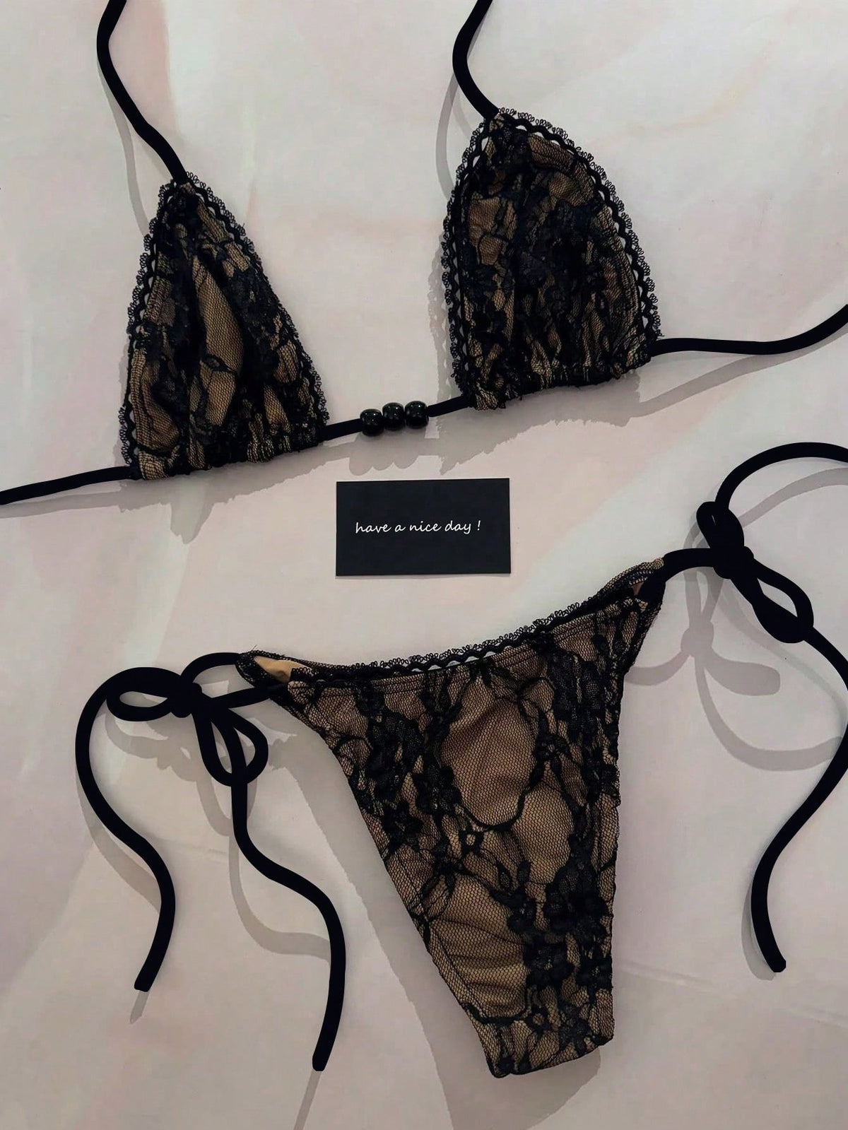 Women's Black Lace Strap Bikini With Beaded Embellishments, Sexy Casual Swimwear Suitable For Spring/Summer Beach Vacation Party