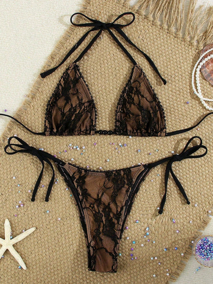 Women's Black Lace Strap Bikini With Beaded Embellishments, Sexy Casual Swimwear Suitable For Spring/Summer Beach Vacation Party