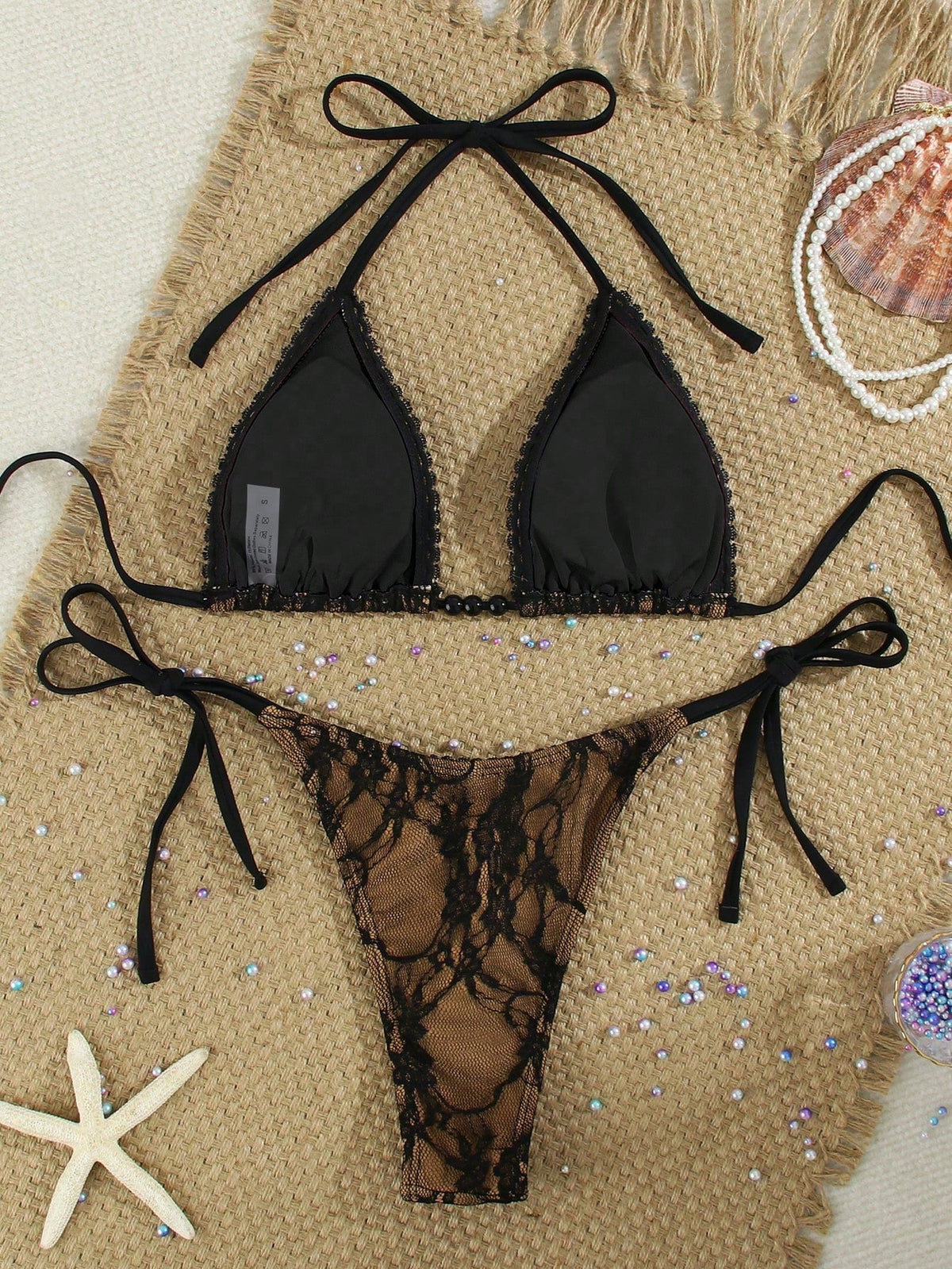 Women's Black Lace Strap Bikini With Beaded Embellishments, Sexy Casual Swimwear Suitable For Spring/Summer Beach Vacation Party