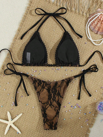Women's Black Lace Strap Bikini With Beaded Embellishments, Sexy Casual Swimwear Suitable For Spring/Summer Beach Vacation Party