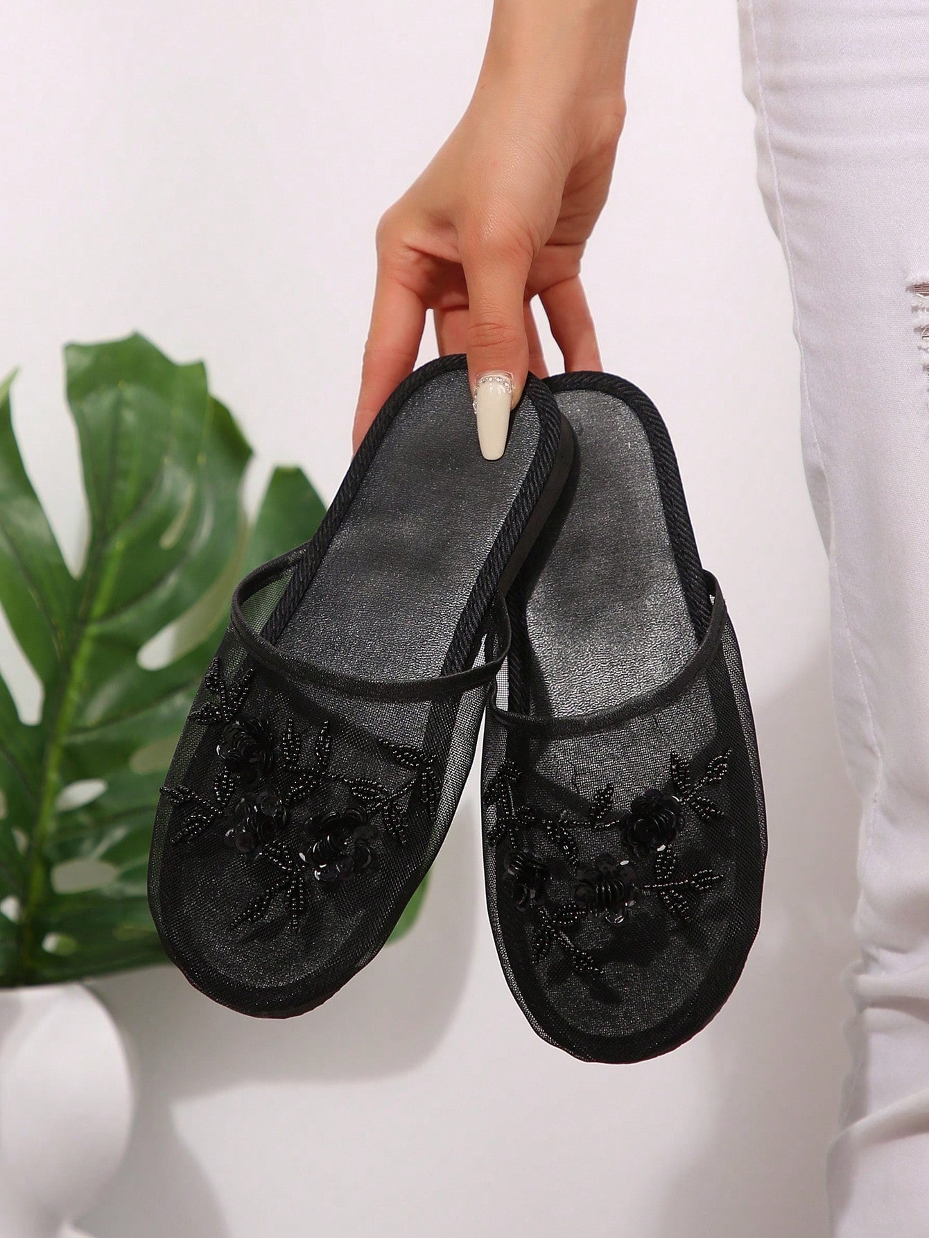 Women's Black Mule Slippers With Embroidered Mesh Detailing, Backless, Flat, Elegant & Casual Indoor/Outdoor Breathable Comfortable Flat Sandals