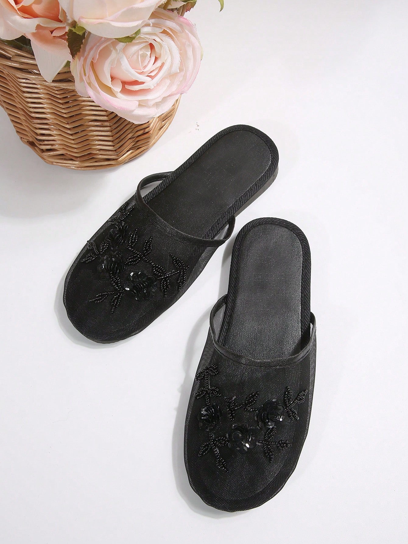 Women's Black Mule Slippers With Embroidered Mesh Detailing, Backless, Flat, Elegant & Casual Indoor/Outdoor Breathable Comfortable Flat Sandals