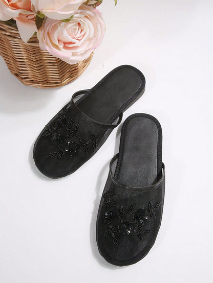 Women's Black Mule Slippers With Embroidered Mesh Detailing, Backless, Flat, Elegant & Casual Indoor/Outdoor Breathable Comfortable Flat Sandals