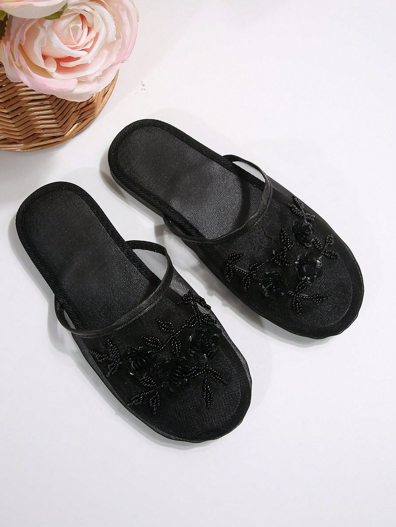 Women's Black Mule Slippers With Embroidered Mesh Detailing, Backless, Flat, Elegant & Casual Indoor/Outdoor Breathable Comfortable Flat Sandals