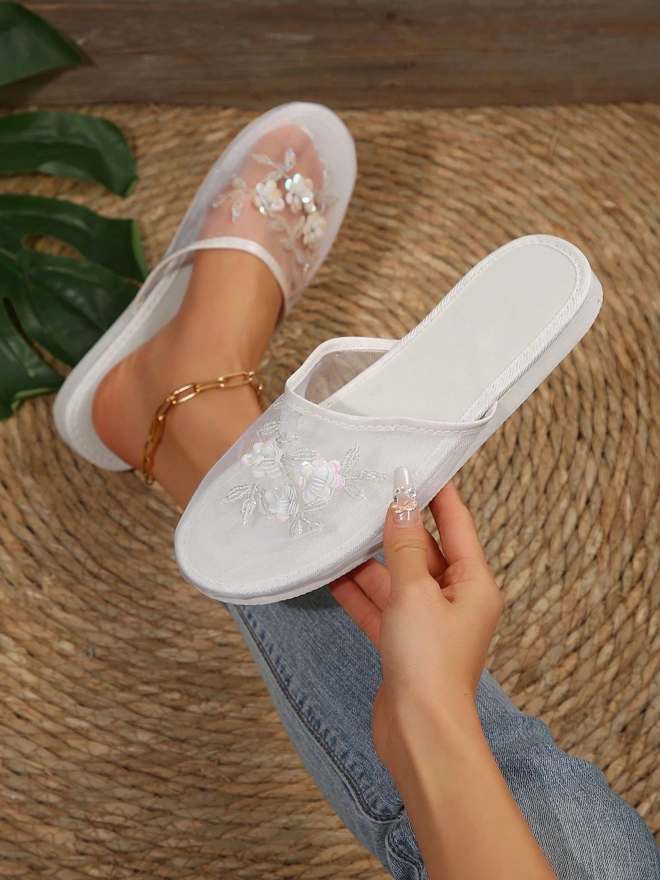 Women's Black Mule Slippers With Embroidered Mesh Detailing, Backless, Flat, Elegant & Casual Indoor/Outdoor Breathable Comfortable Flat Sandals