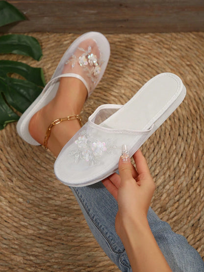 Women's Black Mule Slippers With Embroidered Mesh Detailing, Backless, Flat, Elegant & Casual Indoor/Outdoor Breathable Comfortable Flat Sandals