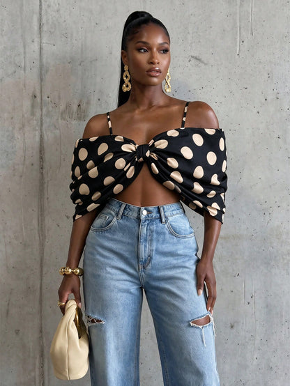 Women's Black Polka Dot Fashion Sexy Versatile Daily Wear Top Night Party Summer