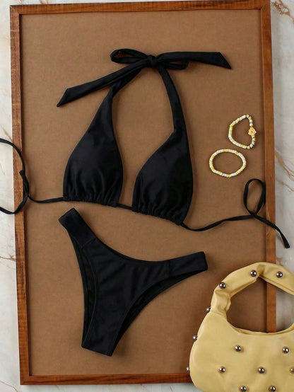 Women's Black Solid Color Beach Holiday Date Party Halter Tie Sexy Bikini And Triangle Panty Swimwear Set, Spring/Summer Vacation