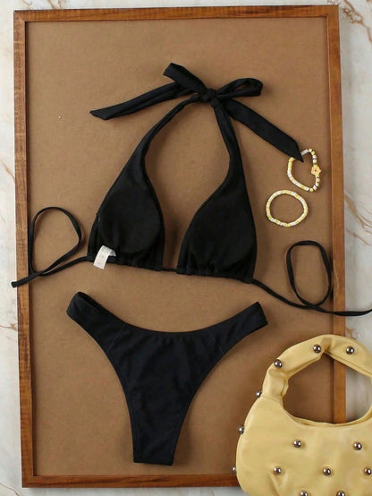 Women's Black Solid Color Beach Holiday Date Party Halter Tie Sexy Bikini And Triangle Panty Swimwear Set, Spring/Summer Vacation