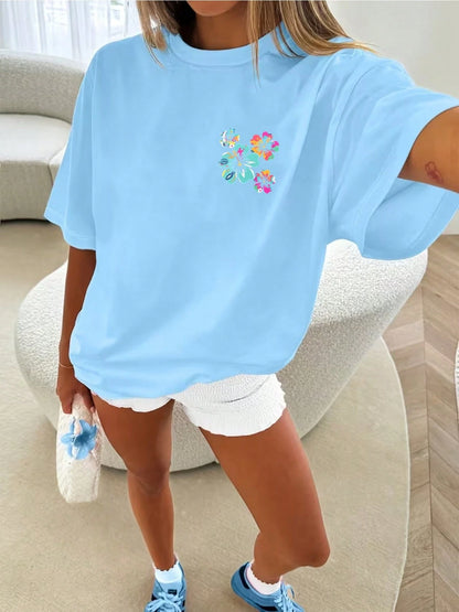Women's Blue Oversized Crew Neck Tee, Colorful Hibiscus Floral Print Soft Cotton Casual Top, Vintage Summer Beach Vacation Daily Outfit T-Shirt