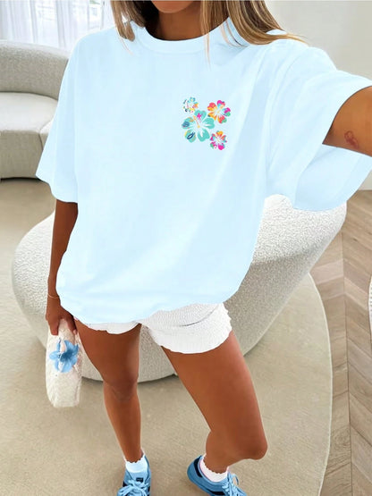 Women's Blue Oversized Crew Neck Tee, Colorful Hibiscus Floral Print Soft Cotton Casual Top, Vintage Summer Beach Vacation Daily Outfit T-Shirt