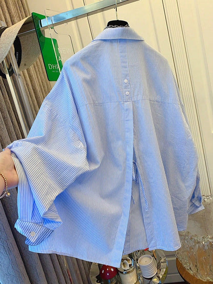 Women's Blue & White Striped Shirt, Loose Fit, Tie Back Design, Suitable For Commuting, Casual Wear, Beach, Vacation Spring