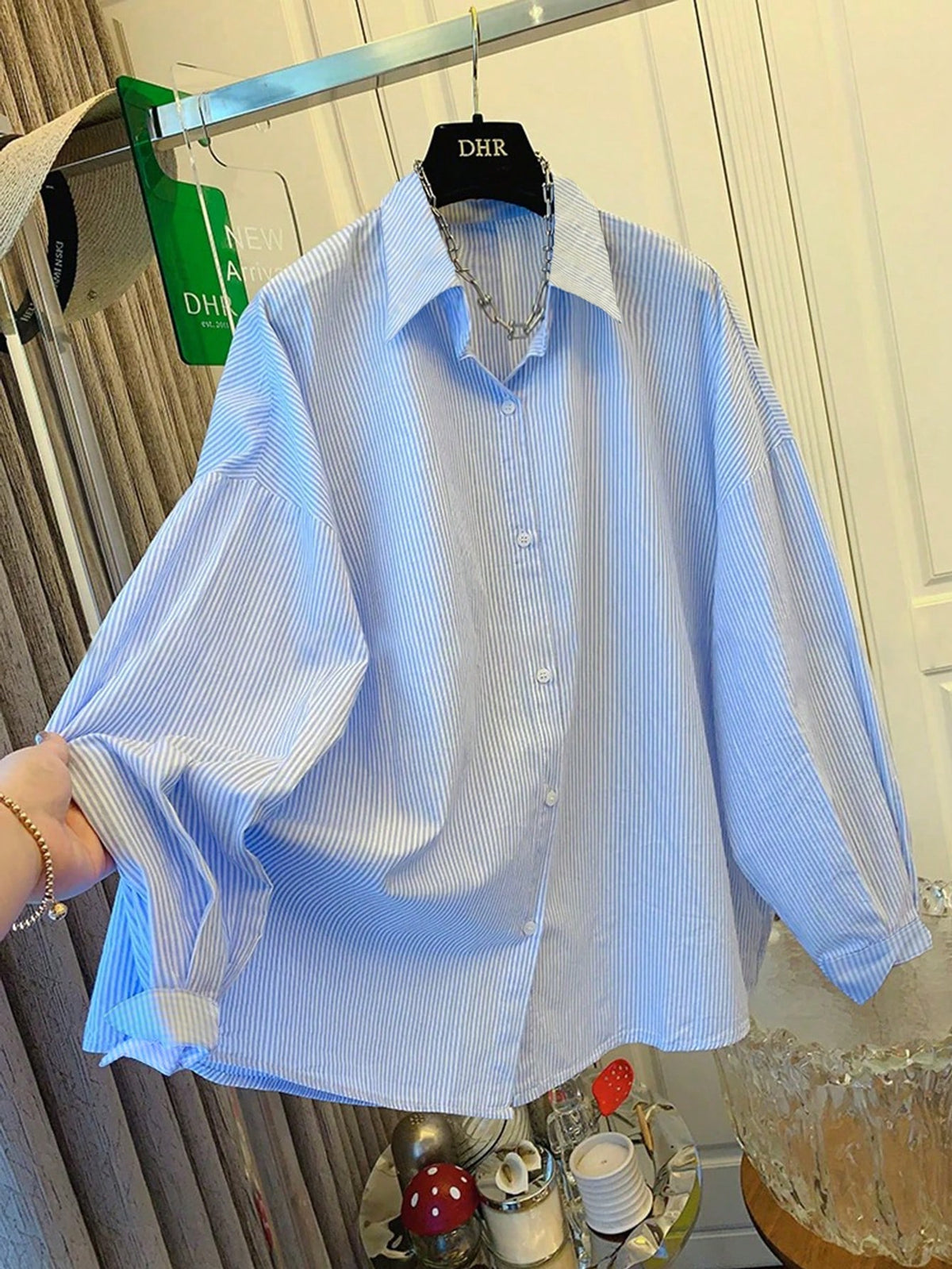 Women's Blue & White Striped Shirt, Loose Fit, Tie Back Design, Suitable For Commuting, Casual Wear, Beach, Vacation Spring