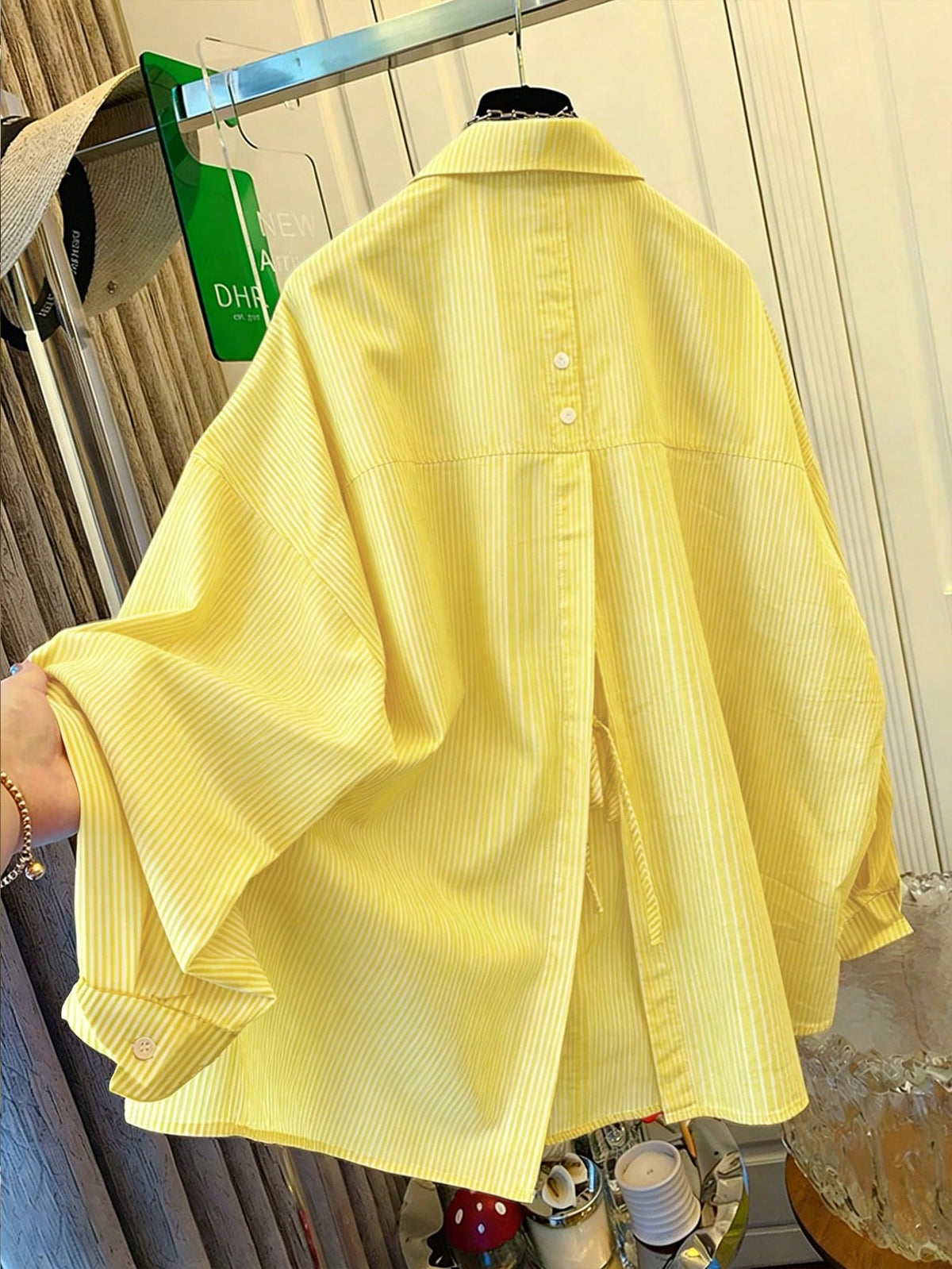 Women's Blue & White Striped Shirt, Loose Fit, Tie Back Design, Suitable For Commuting, Casual Wear, Beach, Vacation Spring