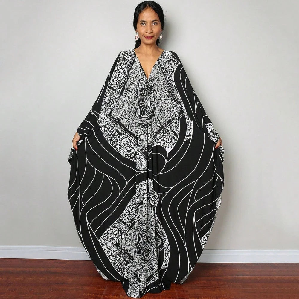 Women's Bohemian Striped Kaftan Dress, V-Neck Batwing Sleeve Maxi Caftan, Colorful Stripe Loose-Fit Summer Beach Cover-Up Loungewear Dress