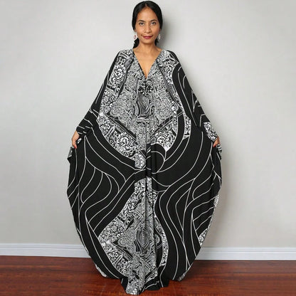 Women's Bohemian Striped Kaftan Dress, V-Neck Batwing Sleeve Maxi Caftan, Colorful Stripe Loose-Fit Summer Beach Cover-Up Loungewear Dress