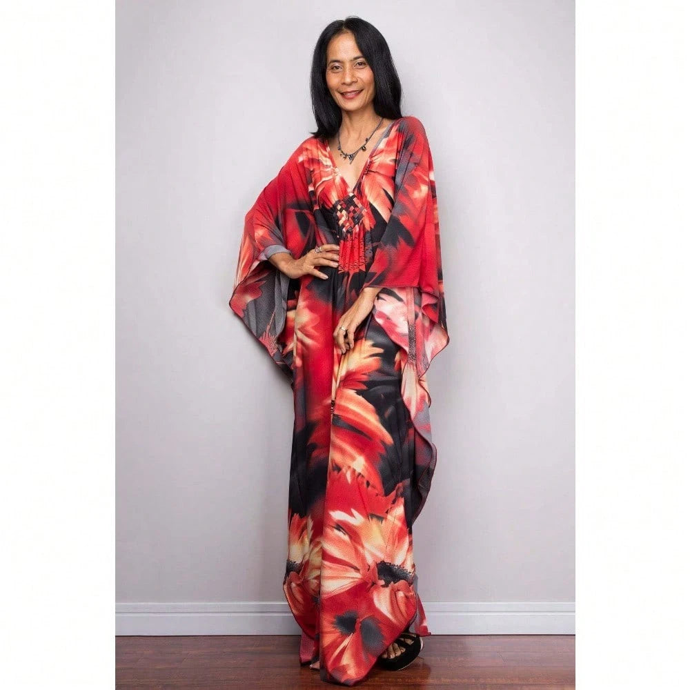 Women's Bohemian Striped Kaftan Dress, V-Neck Batwing Sleeve Maxi Caftan, Colorful Stripe Loose-Fit Summer Beach Cover-Up Loungewear Dress