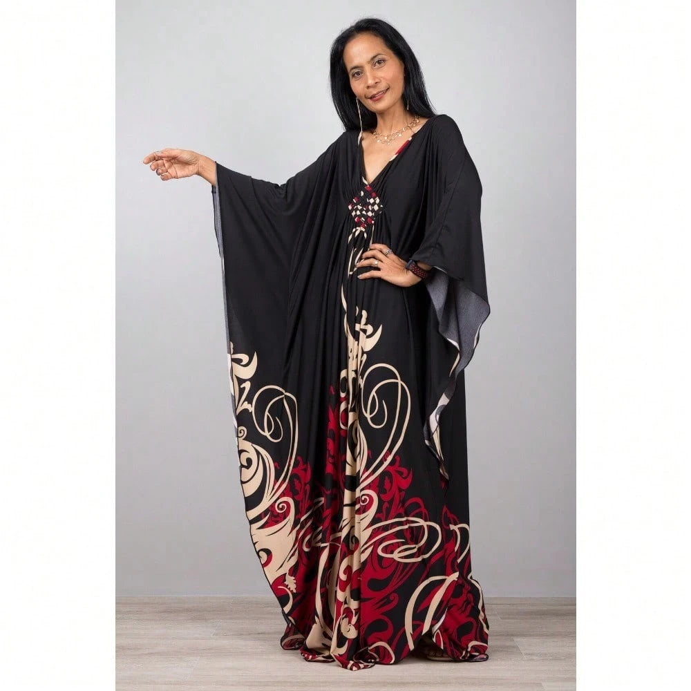 Women's Bohemian Striped Kaftan Dress, V-Neck Batwing Sleeve Maxi Caftan, Colorful Stripe Loose-Fit Summer Beach Cover-Up Loungewear Dress