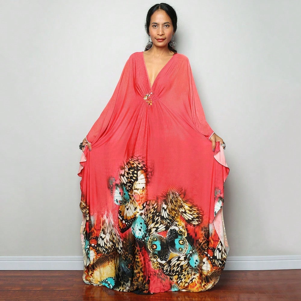 Women's Bohemian Striped Kaftan Dress, V-Neck Batwing Sleeve Maxi Caftan, Colorful Stripe Loose-Fit Summer Beach Cover-Up Loungewear Dress