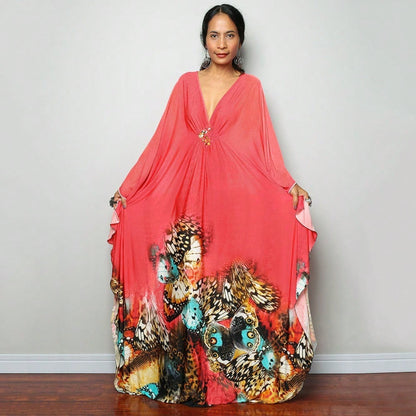 Women's Bohemian Striped Kaftan Dress, V-Neck Batwing Sleeve Maxi Caftan, Colorful Stripe Loose-Fit Summer Beach Cover-Up Loungewear Dress
