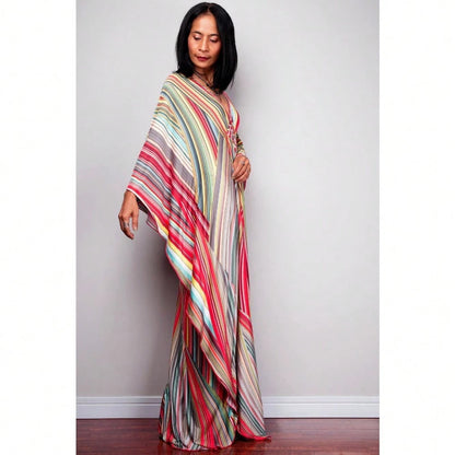 Women's Bohemian Striped Kaftan Dress, V-Neck Batwing Sleeve Maxi Caftan, Colorful Stripe Loose-Fit Summer Beach Cover-Up Loungewear Dress