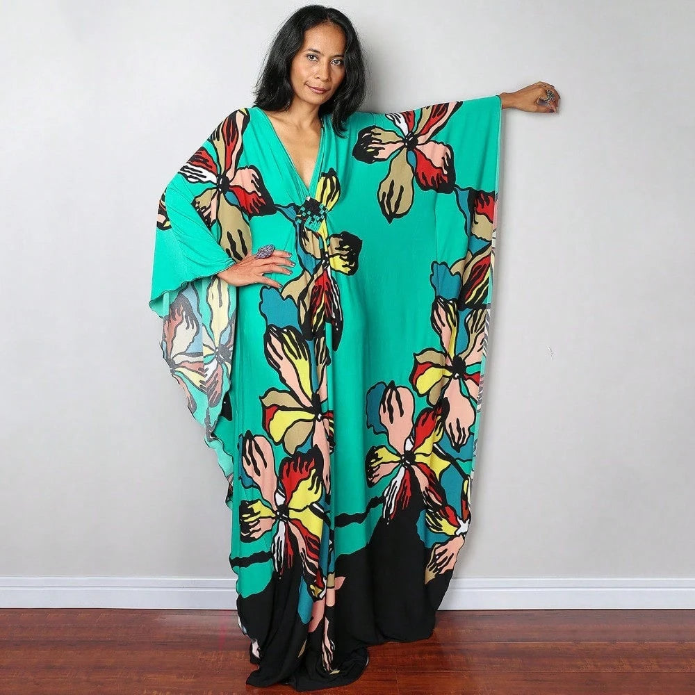 Women's Bohemian Striped Kaftan Dress, V-Neck Batwing Sleeve Maxi Caftan, Colorful Stripe Loose-Fit Summer Beach Cover-Up Loungewear Dress