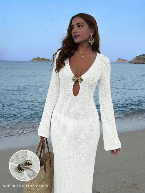 Women's Bohemian Style Deep V-Neck Sheer Cover-Up Maxi Dress, Shell-Shaped Metal Buckle, Flared Sleeves, Summer Beach Vacation Outfit White