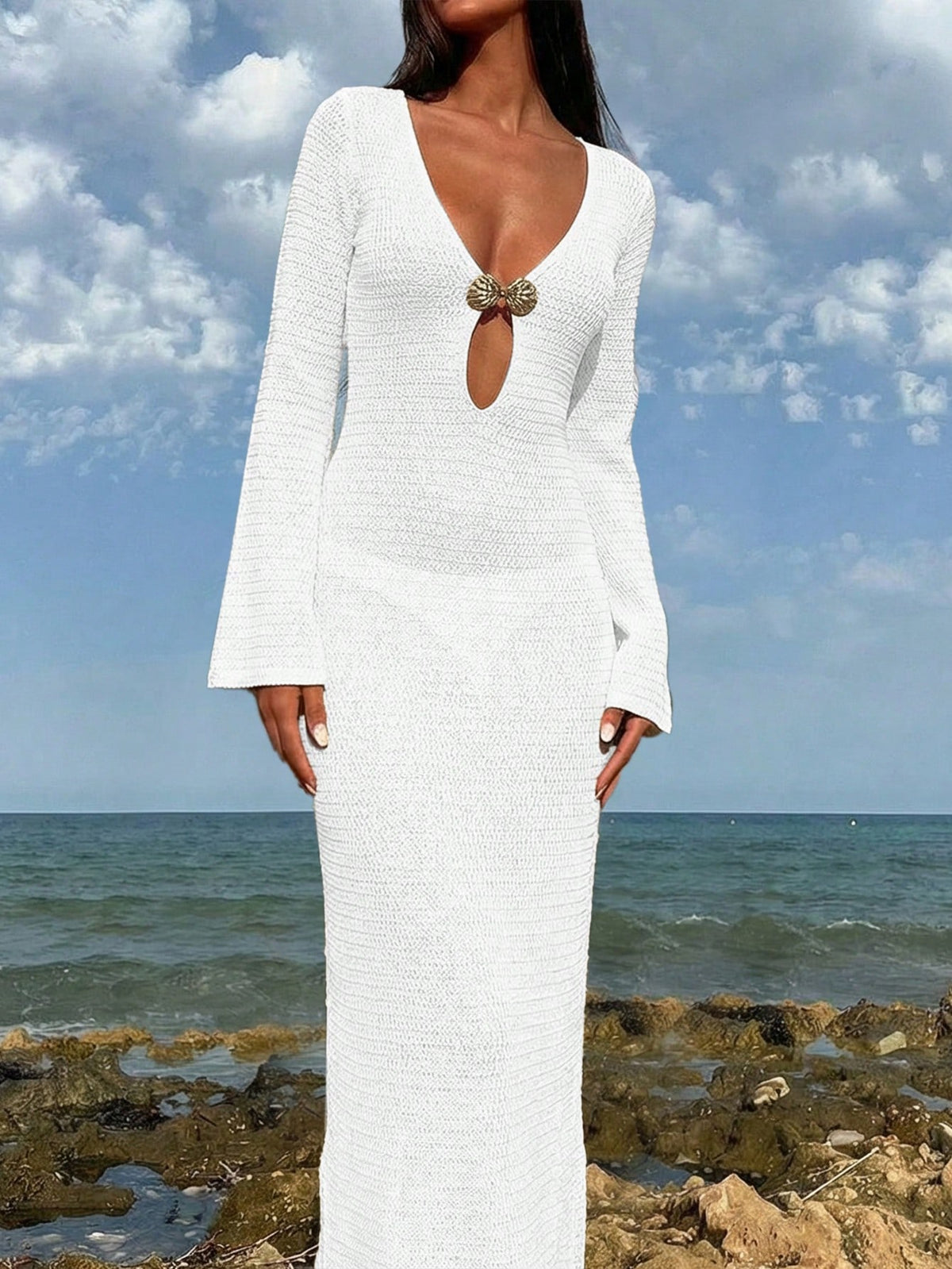 Women's Bohemian Style Deep V-Neck Sheer Cover-Up Maxi Dress, Shell-Shaped Metal Buckle, Flared Sleeves, Summer Beach Vacation Outfit White