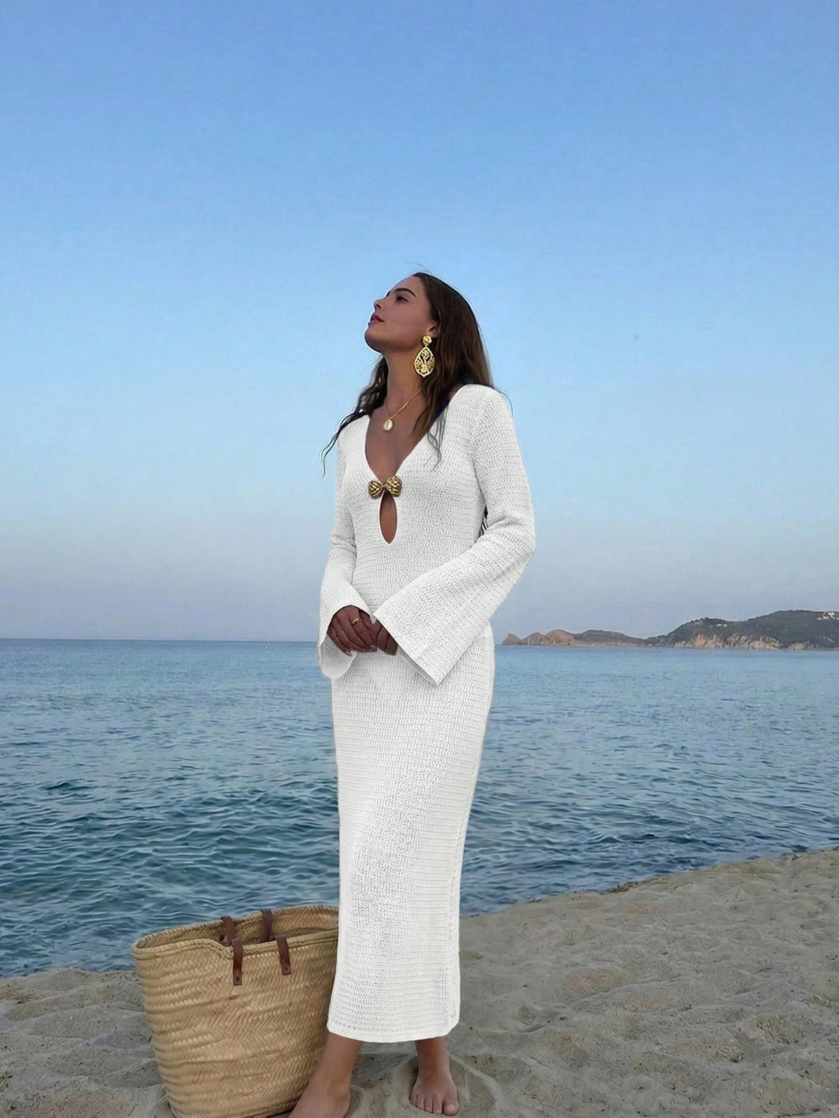 Women's Bohemian Style Deep V-Neck Sheer Cover-Up Maxi Dress, Shell-Shaped Metal Buckle, Flared Sleeves, Summer Beach Vacation Outfit White