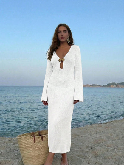 Women's Bohemian Style Deep V-Neck Sheer Cover-Up Maxi Dress, Shell-Shaped Metal Buckle, Flared Sleeves, Summer Beach Vacation Outfit White