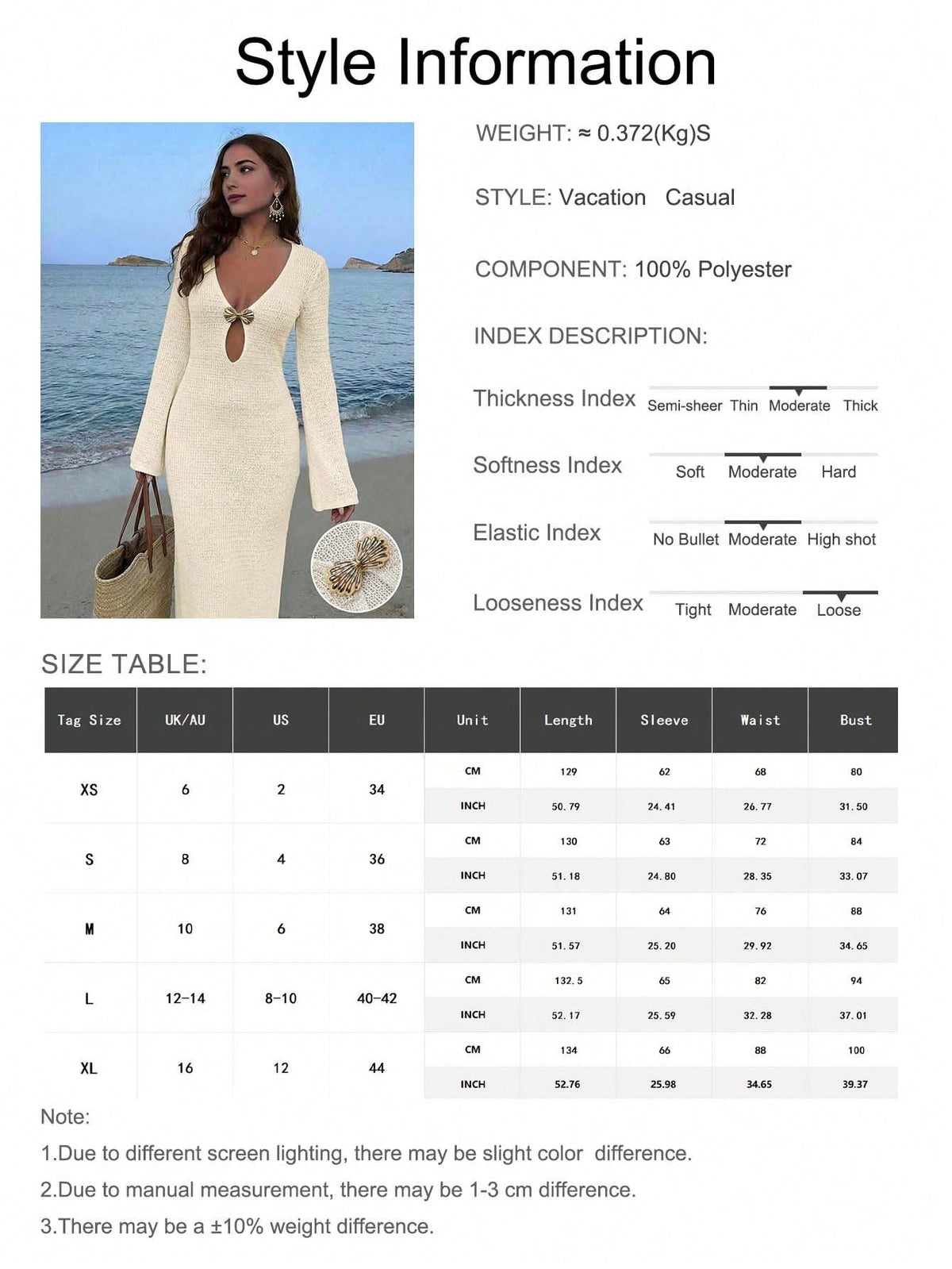 Women's Bohemian Style Deep V-Neck Sheer Cover-Up Maxi Dress, Shell-Shaped Metal Buckle, Flared Sleeves, Summer Beach Vacation Outfit White