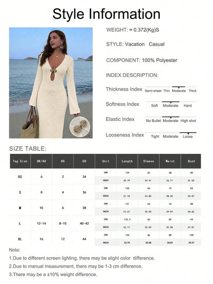 Women's Bohemian Style Deep V-Neck Sheer Cover-Up Maxi Dress, Shell-Shaped Metal Buckle, Flared Sleeves, Summer Beach Vacation Outfit White