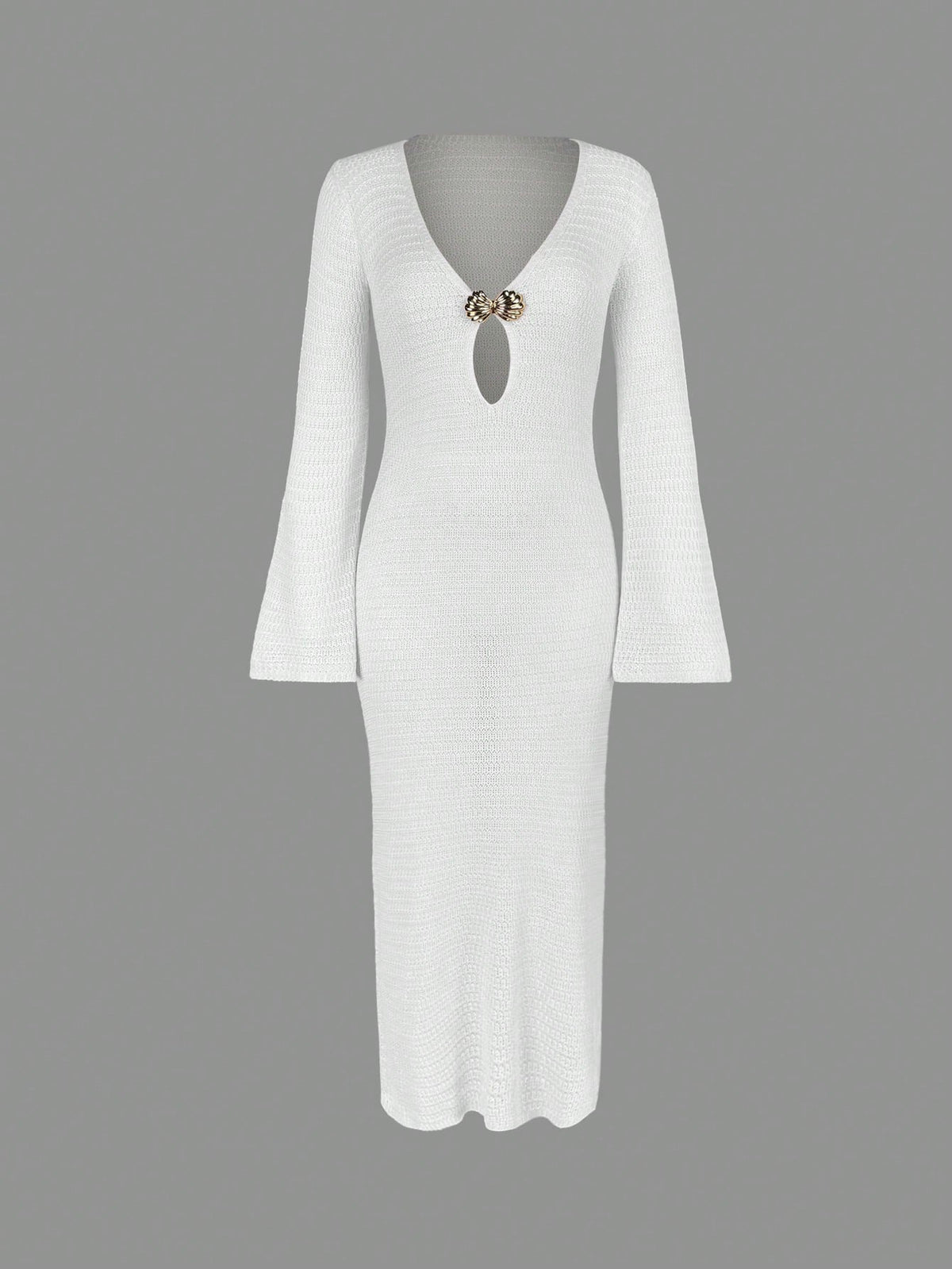 Women's Bohemian Style Deep V-Neck Sheer Cover-Up Maxi Dress, Shell-Shaped Metal Buckle, Flared Sleeves, Summer Beach Vacation Outfit White