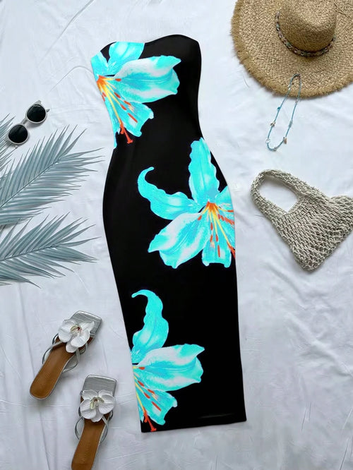 Women's Bohemian Style Long Knit Strapless Spaghetti Strap Dress, Vibrant Floral Print, Sleeveless Pencil Skirt Hem, Perfect Choice For Summer Elegant