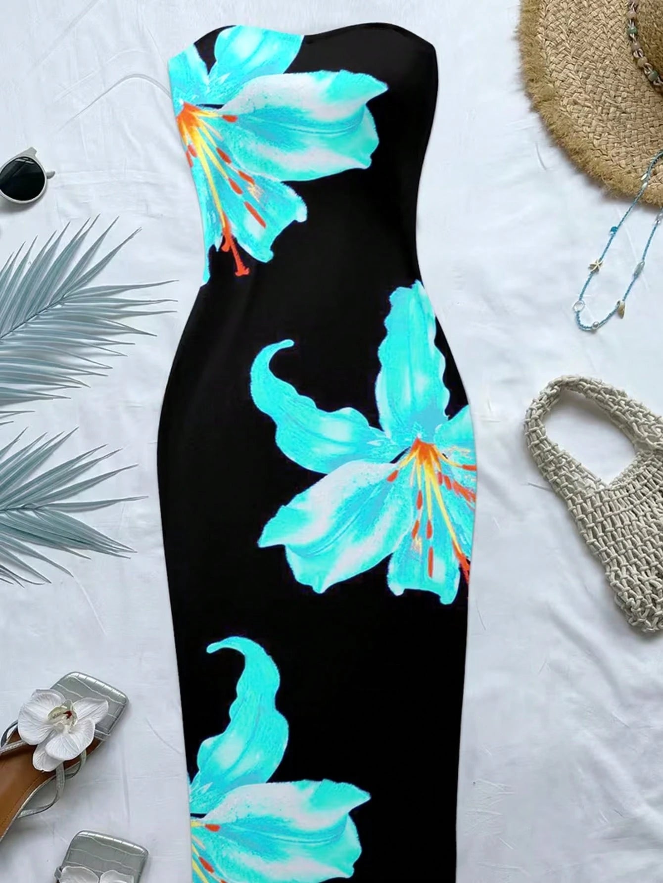 Women's Bohemian Style Long Knit Strapless Spaghetti Strap Dress, Vibrant Floral Print, Sleeveless Pencil Skirt Hem, Perfect Choice For Summer Elegant