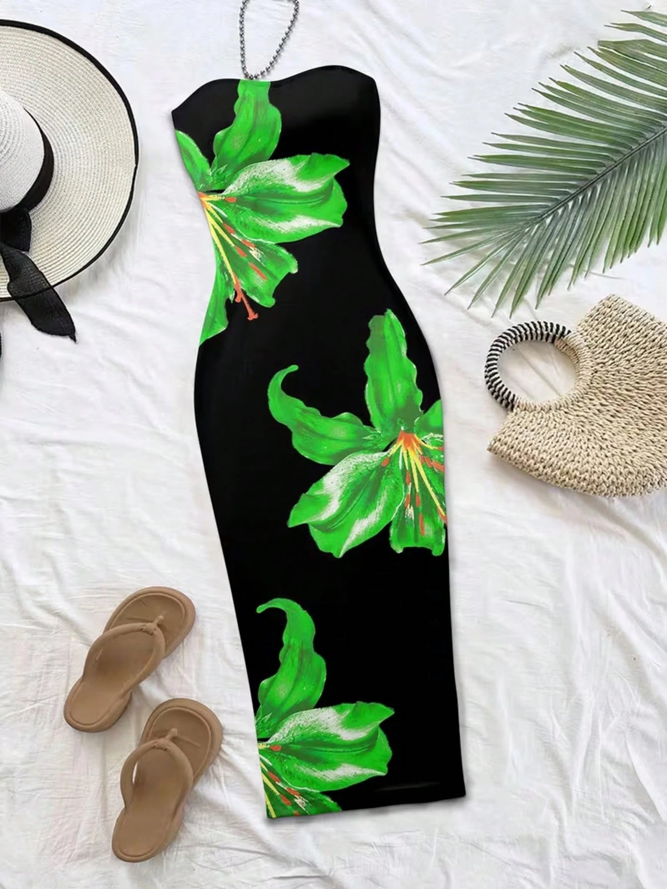 Women's Bohemian Style Long Knit Strapless Spaghetti Strap Dress, Vibrant Floral Print, Sleeveless Pencil Skirt Hem, Perfect Choice For Summer Elegant
