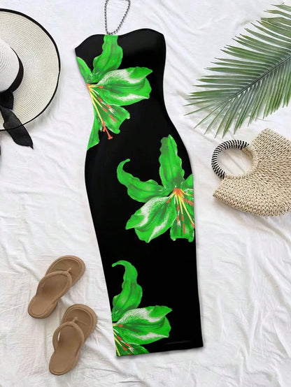 Women's Bohemian Style Long Knit Strapless Spaghetti Strap Dress, Vibrant Floral Print, Sleeveless Pencil Skirt Hem, Perfect Choice For Summer Elegant